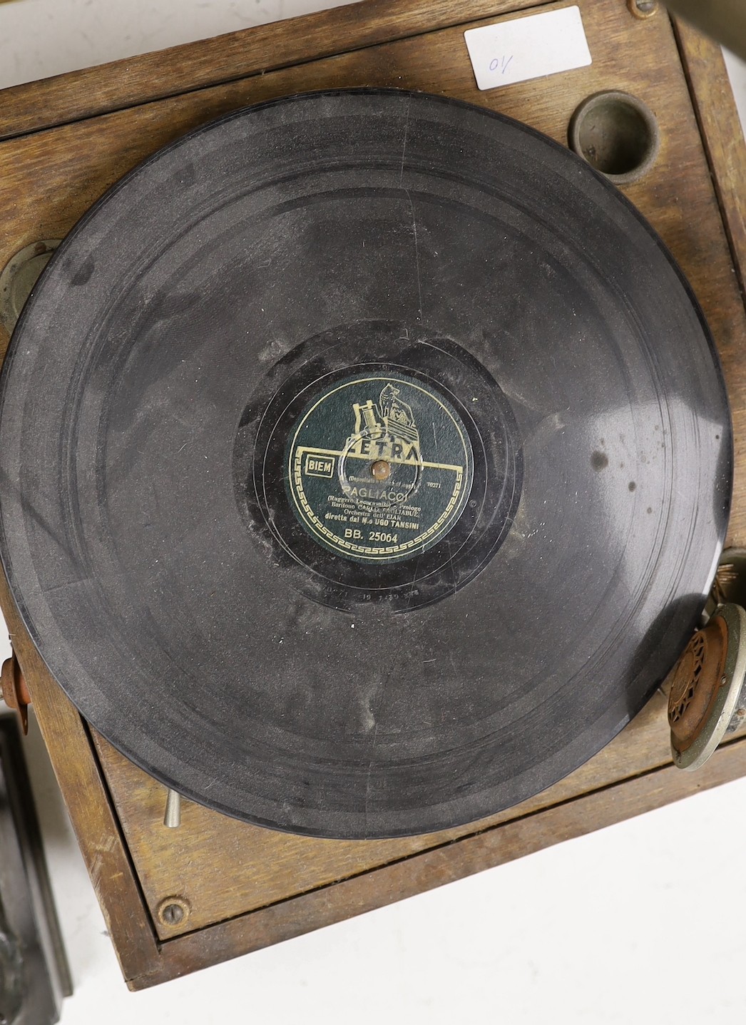 A table top gramophone with horn